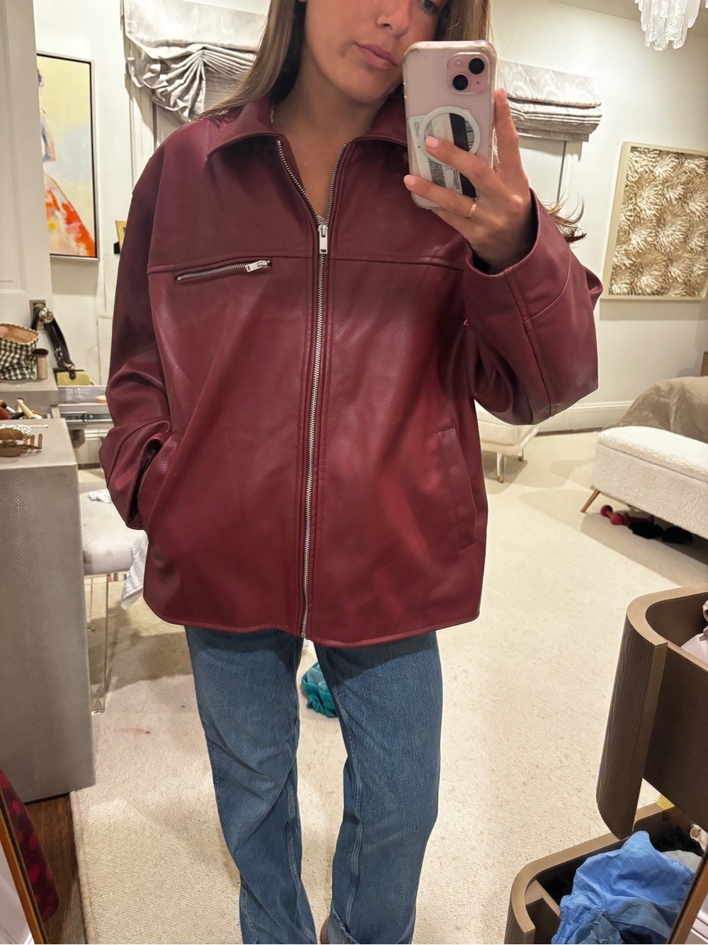 H&M Burgundy Leather Zip-Front Jacket